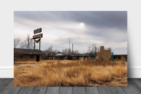 Abandoned aluminum metal print wall art of a dilapidated roadside motel along Route 66 in the Texas Panhandle by Sean Ramsey of Southern Plains Photography.