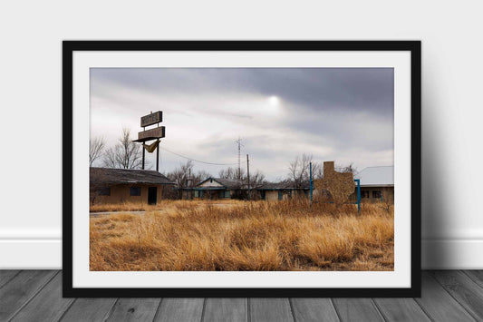 Abandoned framed print wall art of a dilapidated roadside motel along Route 66 in the Texas Panhandle by Sean Ramsey of Southern Plains Photography.