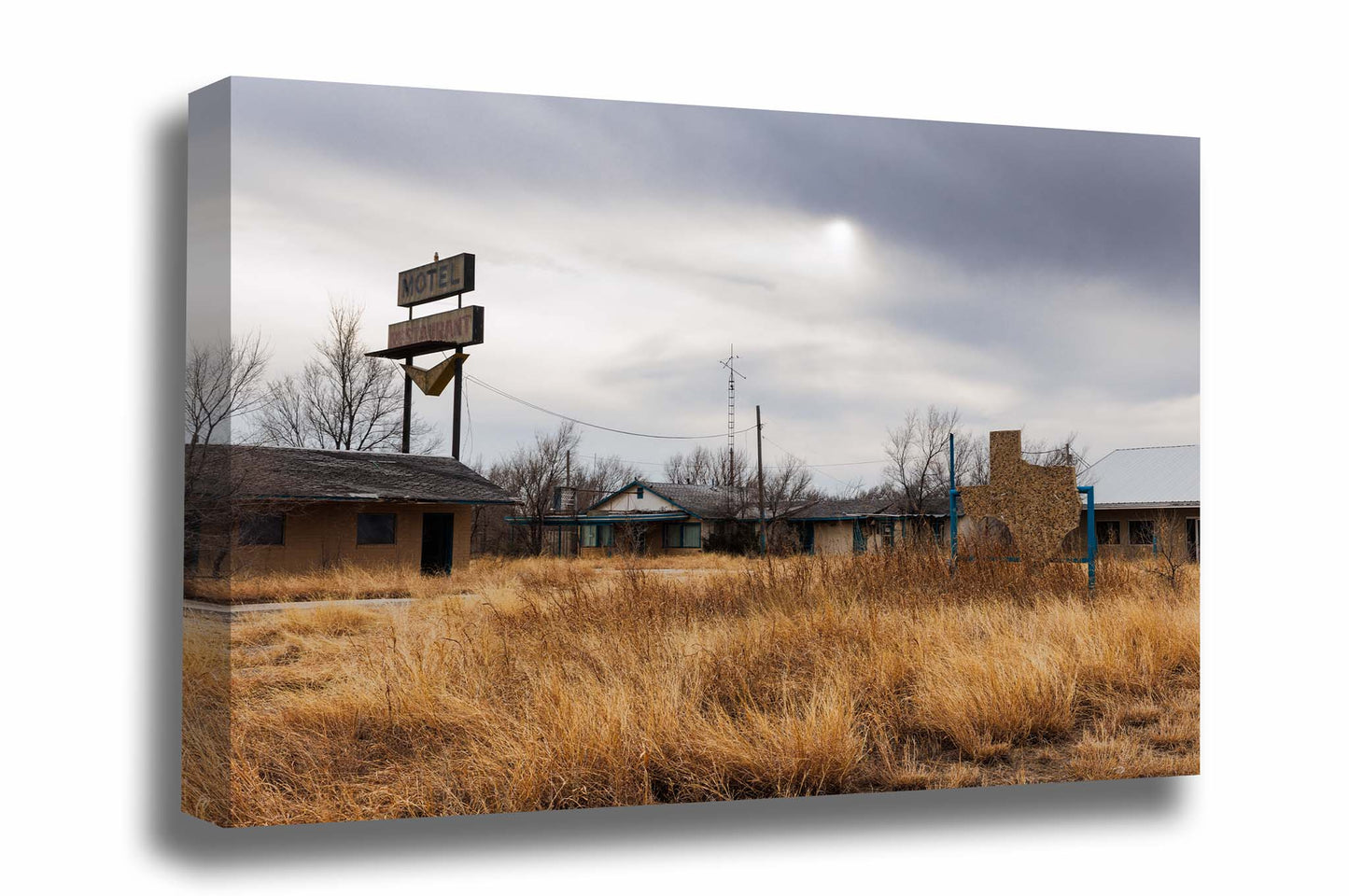 Abandoned gallery wrapped canvas wall art of a dilapidated roadside motel along Route 66 in the Texas Panhandle by Sean Ramsey of Southern Plains Photography.