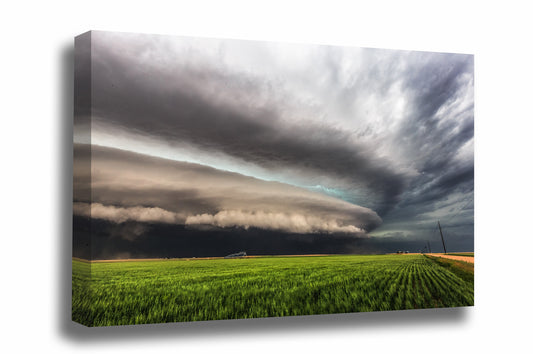 Storm gallery wrapped canvas wall art of a supercell thunderstorm shelf cloud over a green field on a stormy spring day in Kansas by Sean Ramsey of Southern Plains Photography.