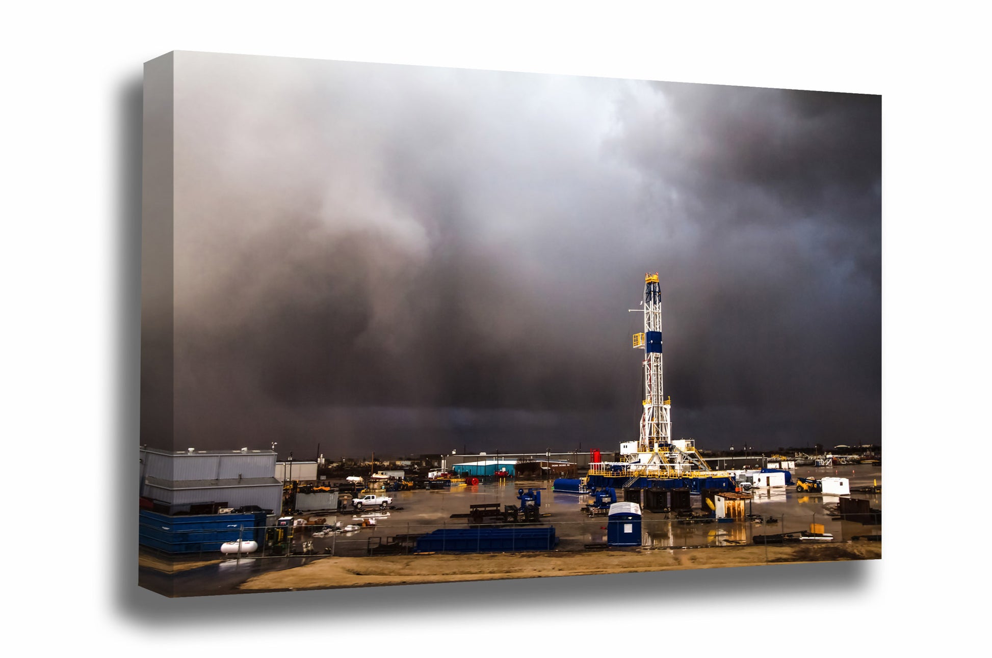 Oilfield canvas wall art of an intense storm passing by a drilling rig on a stormy spring day in Oklahoma by Sean Ramsey of Southern Plains Photography.