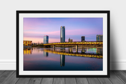 Framed and matted cityscape print of the Devon Tower and OKC skyline at sunset in Scissortail Park in Oklahoma City, Oklahoma by Sean Ramsey of Southern Plains Photography.