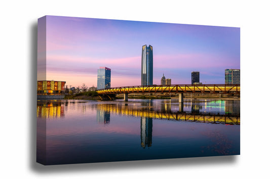 Cityscape canvas wall art of the Devon Tower and OKC skyline at sunset in Scissortail Park in Oklahoma City, Oklahoma by Sean Ramsey of Southern Plains Photography.