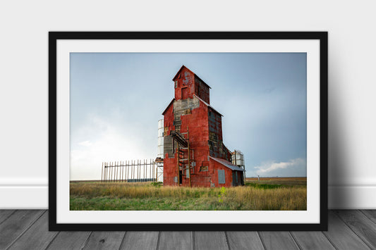 Framed and matted farm print of an old red wooden grain elevator on the plains of Texas by Sean Ramsey of Southern Plains Photography.
