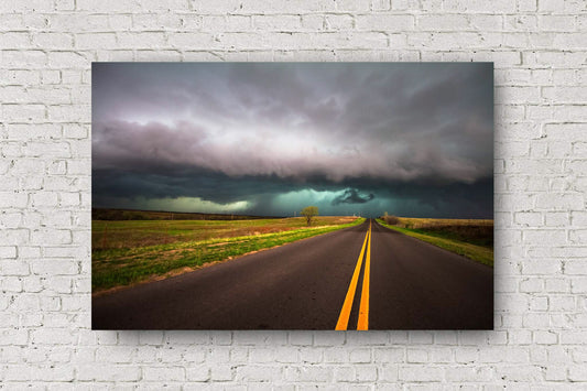 Storm metal print on aluminum of a highway leading to an intense thunderstorm on a stormy evening in Oklahoma by Sean Ramsey of Southern Plains Photography.