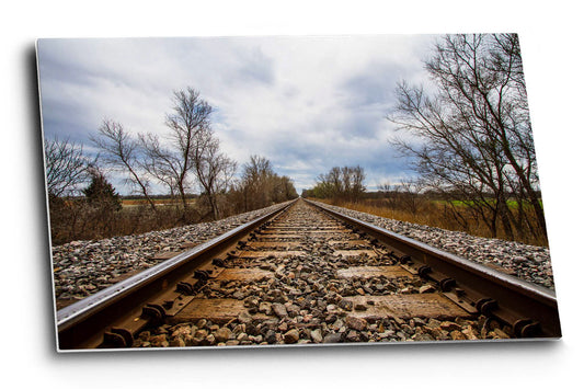 Railroad metal print on aluminum of railroad tracks leading to a stormy sky on a spring day in Oklahoma by Sean Ramsey of Southern Plains Photography.