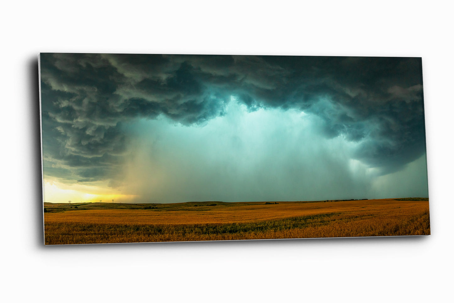 Panoramic storm aluminum metal print wall art of a supercell thunderstorm with intense rain and hail over a field on a spring day in Oklahoma by Sean Ramsey of Southern Plains Photography.