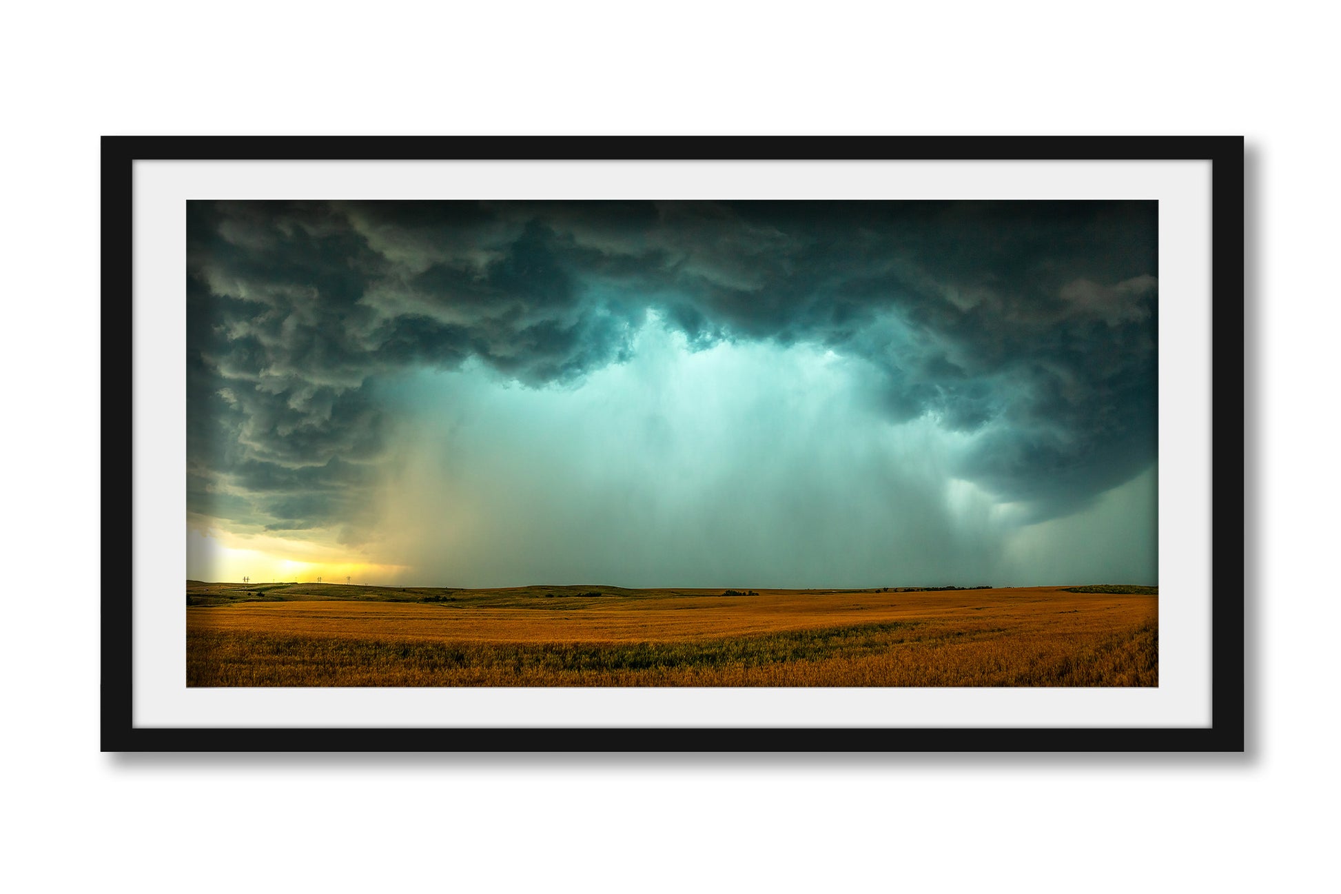 Panoramic storm framed print wall art of a supercell thunderstorm with intense rain and hail over a field on a spring day in Oklahoma by Sean Ramsey of Southern Plains Photography.