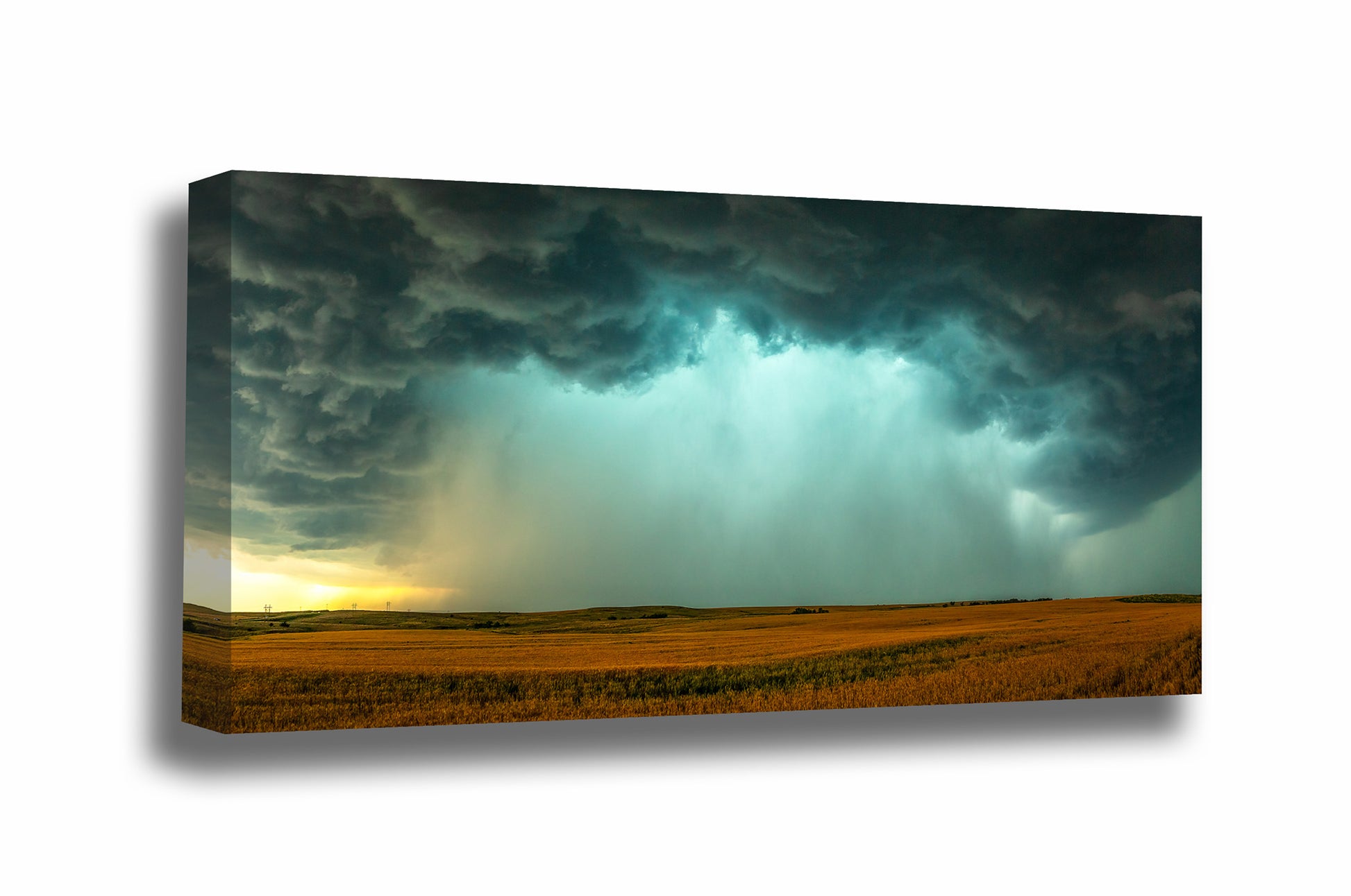 Panoramic storm gallery wrap canvas wall art of a supercell thunderstorm with intense rain and hail over a field on a spring day in Oklahoma by Sean Ramsey of Southern Plains Photography.