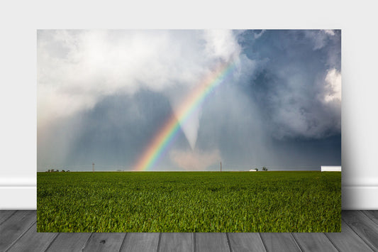 Storm metal print wall art on aluminum of a tornado passing through a rainbow over a field on a stormy spring day in Texas by Sean Ramsey of Southern Plains Photography.