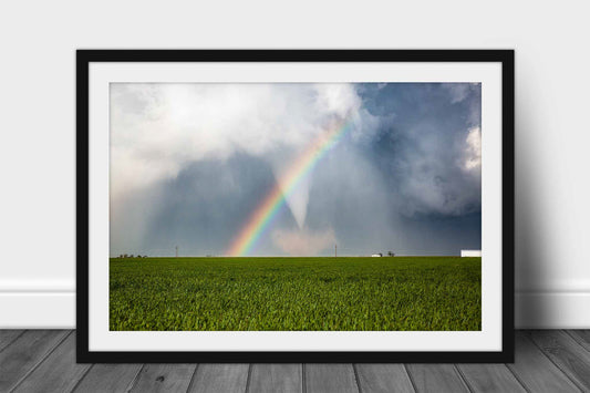 Framed and matted storm print of a tornado passing through a rainbow over a field on a stormy spring day in Texas by Sean Ramsey of Southern Plains Photography.