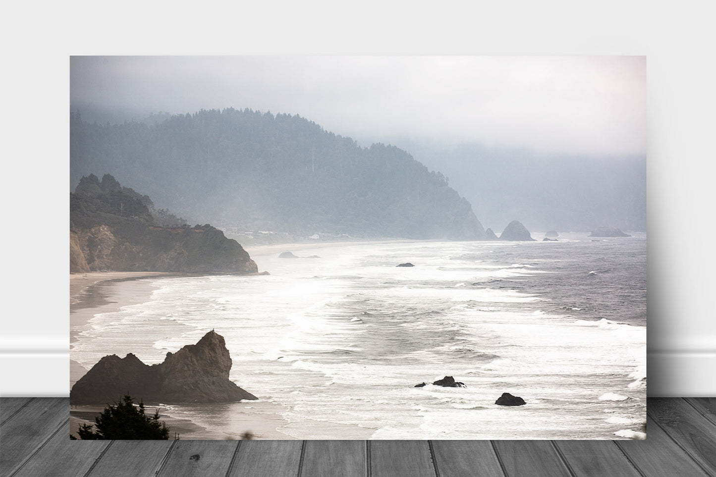 Pacific Northwest aluminum metal print wall art of waves crashing on a beach on a foggy day along the Oregon coast by Sean Ramsey of Southern Plains Photography.