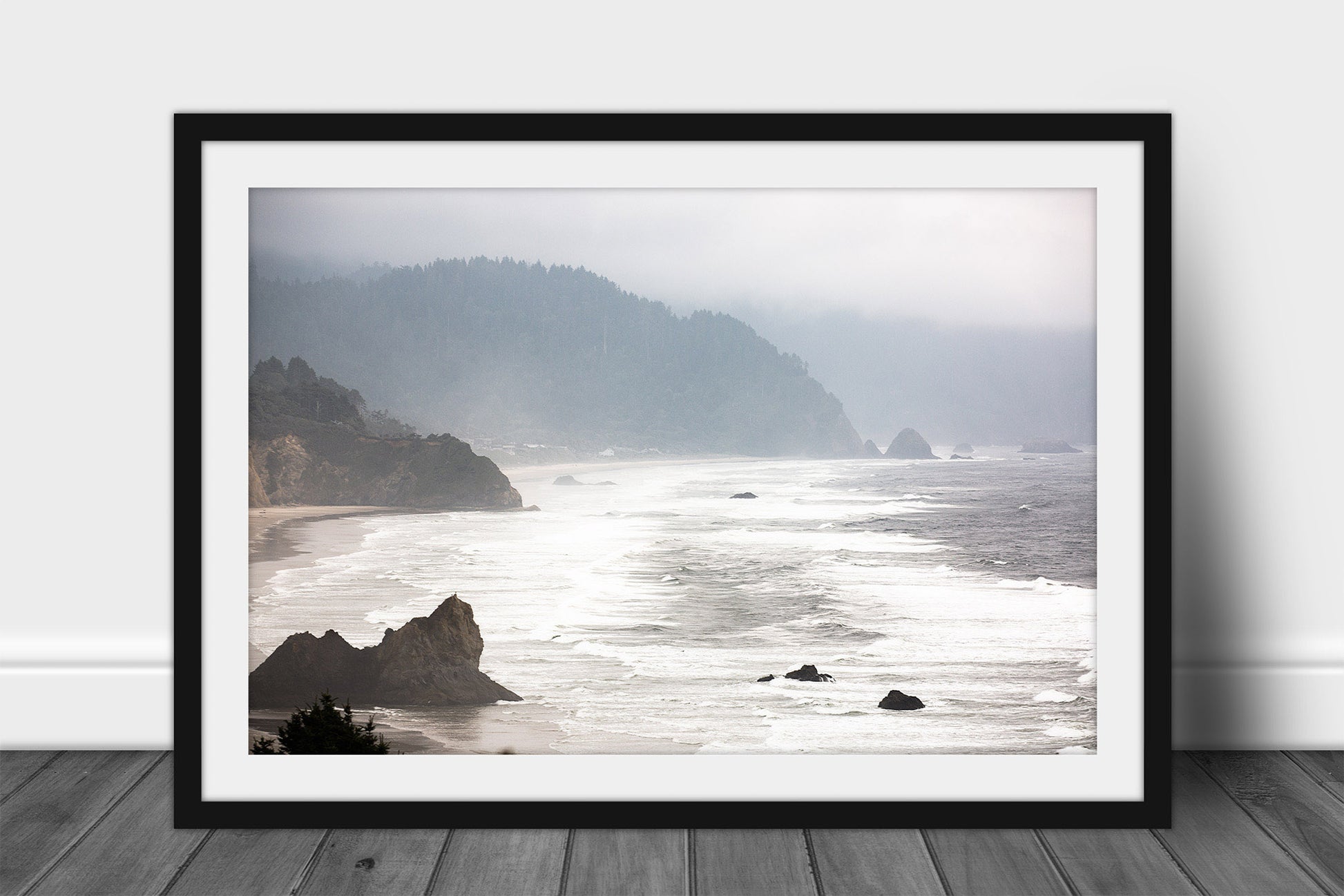 Framed and matted Pacific Northwest print of waves crashing on a beach on a foggy day along the Oregon coast by Sean Ramsey of Southern Plains Photography.