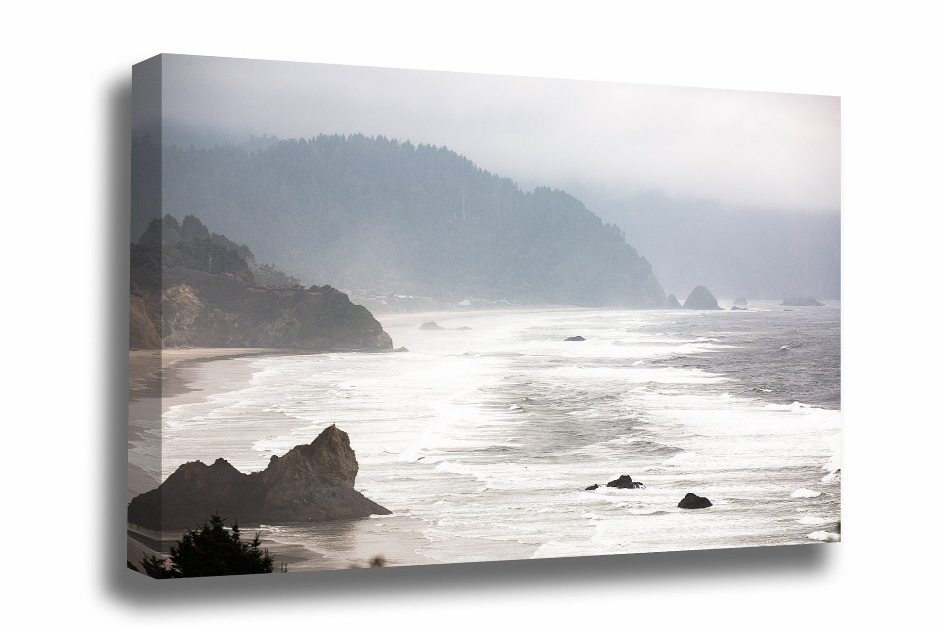 Pacific Northwest canvas wall art of waves crashing on a beach on a foggy day along the Oregon coast by Sean Ramsey of Southern Plains Photography.