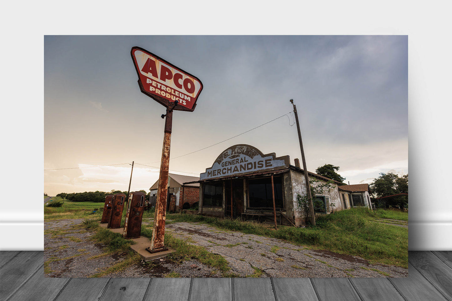 Rural Americana aluminum metal print wall art of an abandoned gas station on a rainy evening in Oklahoma by Sean Ramsey of Southern Plains Photography.