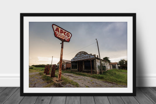 Framed and matted Rural Americana print of an abandoned gas station on a rainy evening in Oklahoma by Sean Ramsey of Southern Plains Photography.