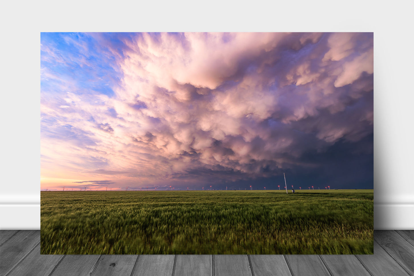 Stormy sky aluminum metal print wall art of mammatus storm clouds over a wheat field at sunset on a stormy spring evening in Texas by Sean Ramsey of Southern Plains Photography.