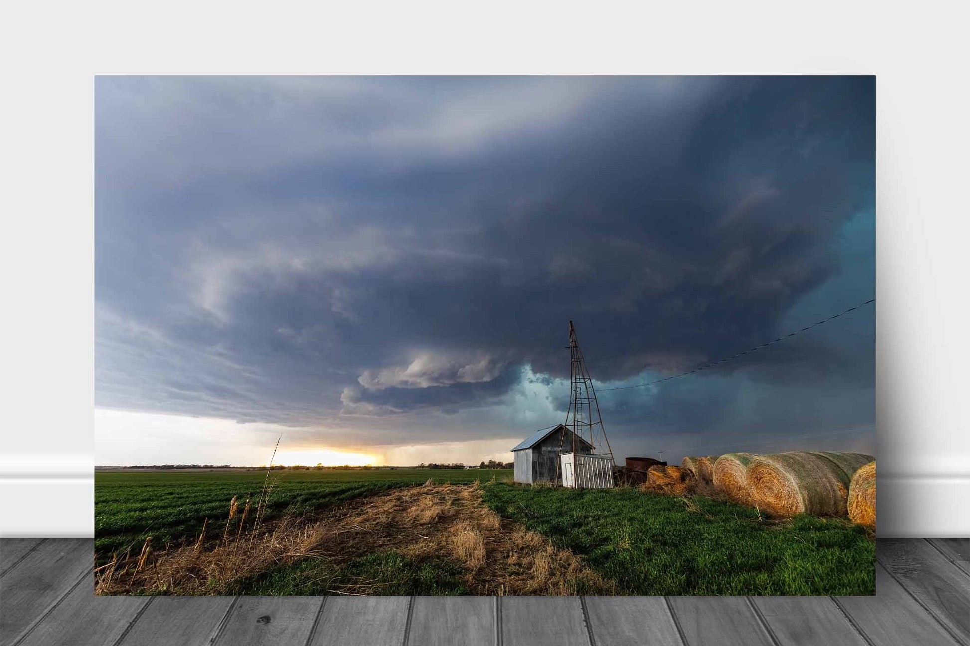 Storm aluminum metal print wall art of a supercell thunderstorm over a country scene on a stormy day in Kansas by Sean Ramsey of Southern Plains Photography.