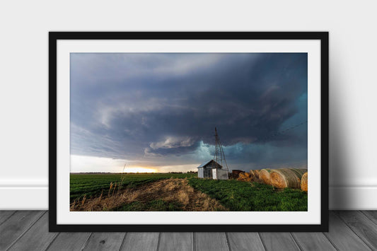 Framed storm print wall art of a supercell thunderstorm over a country scene on a stormy day in Kansas by Sean Ramsey of Southern Plains Photography.