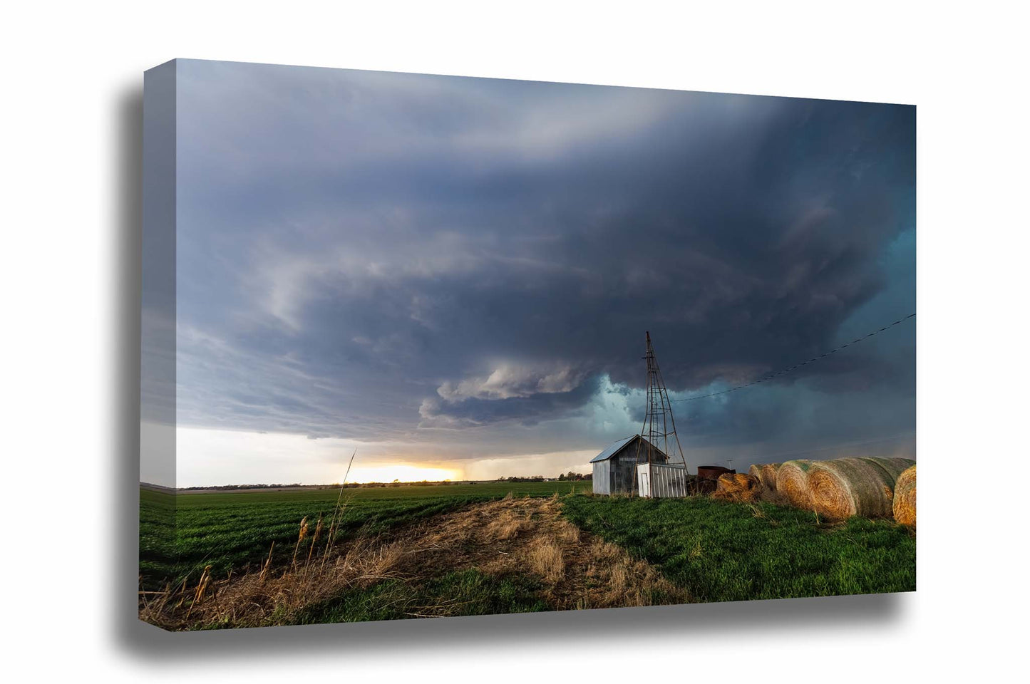 Storm gallery wrapped canvas wall art of a supercell thunderstorm over a country scene on a stormy day in Kansas by Sean Ramsey of Southern Plains Photography.