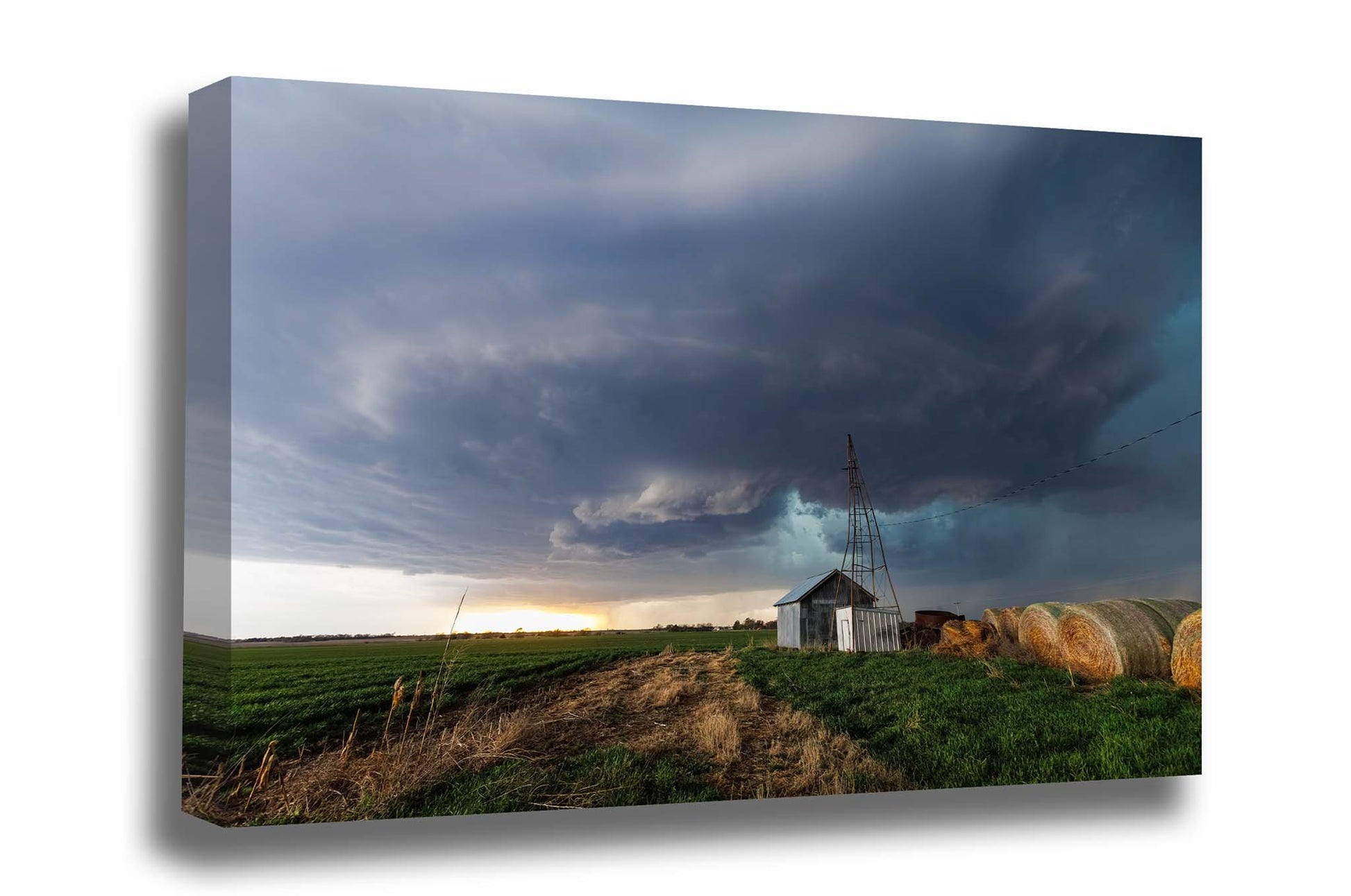 Storm gallery wrapped canvas wall art of a supercell thunderstorm over a country scene on a stormy day in Kansas by Sean Ramsey of Southern Plains Photography.