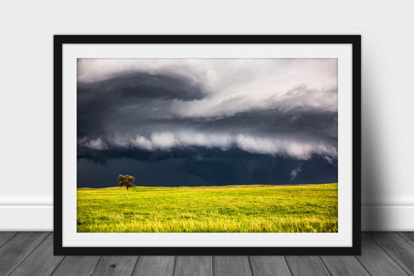 Framed storm photography print with optional mat of an intense supercell thunderstorm passing behind a lone tree on a stormy spring day on the Nebraska prairie by Sean Ramsey of Southern Plains Photography.