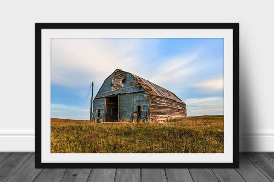 Framed rural Midwest print wall art of an old barn covered by a patchwork of tin in the Nebraska Sandhills by Sean Ramsey of Southern Plains Photography.