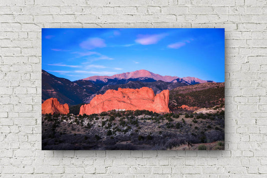 Rocky Mountain aluminum metal print wall art of Pikes Peak overlooking the Garden of the Gods at sunrise on a chilly winter morning in Colorado Springs, Colorado by Sean Ramsey of Southern Plains Photography.