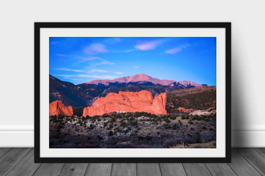 Framed print with optional mat of Pikes Peak overlooking Garden of the Gods at sunrise on a chilly winter morning in Colorado Springs, Colorado by Sean Ramsey of Southern Plains Photography.