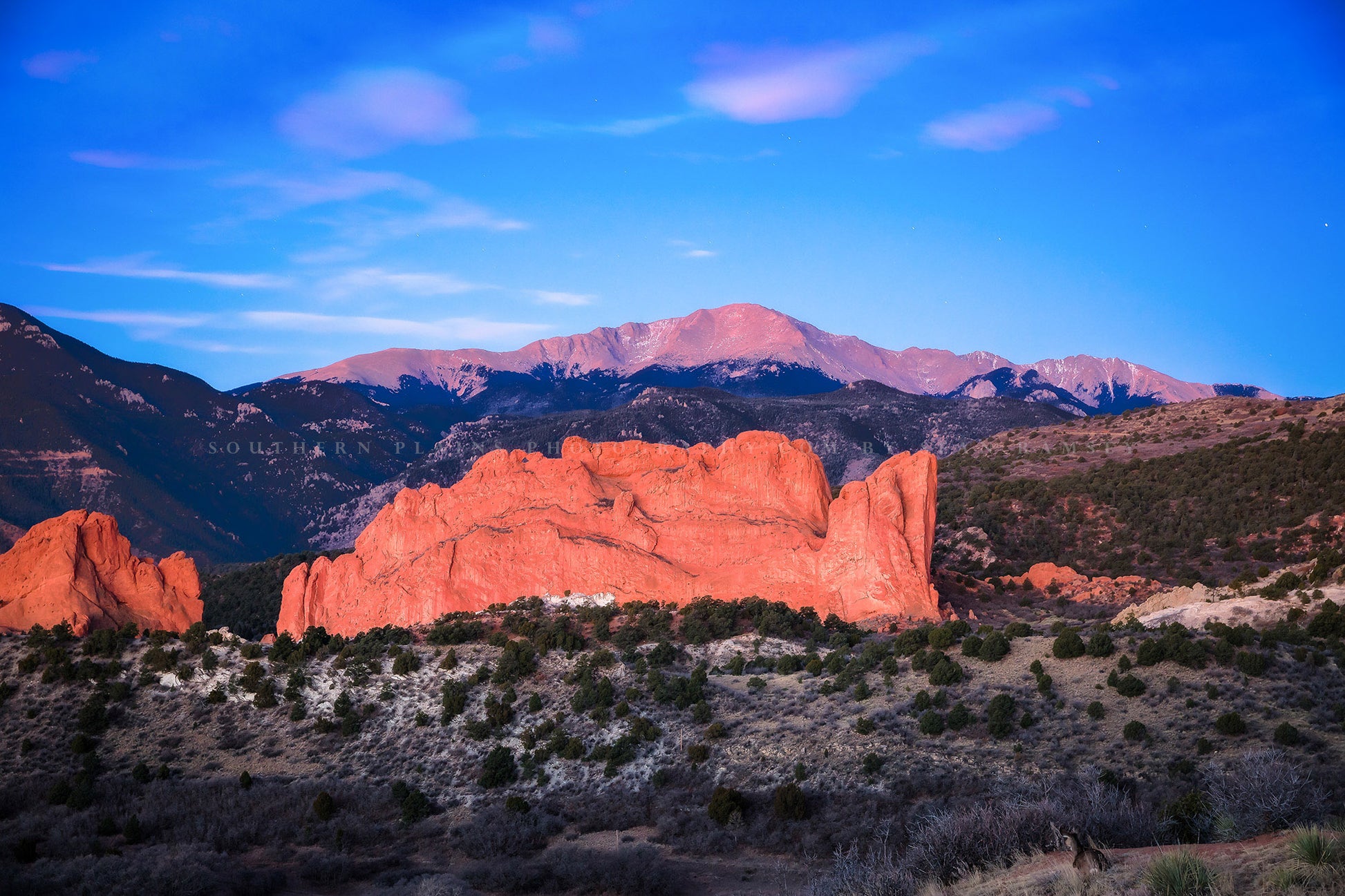 Rocky Mountain photography print of Pikes Peak overlooking the Garden of the Gods at sunrise on a winter morning in Colorado Springs, Colorado by Sean Ramsey of Southern Plains Photography.