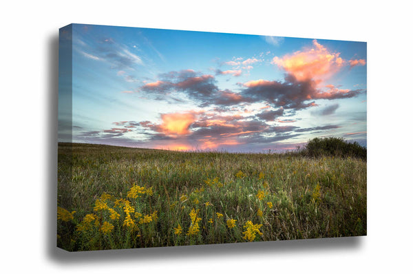 Great Plains canvas wall art of clouds illuminated by sunlight over the Tallgrass Prairie at sunset on an autumn evening in Oklahoma by Sean Ramsey of Southern Plains Photography.