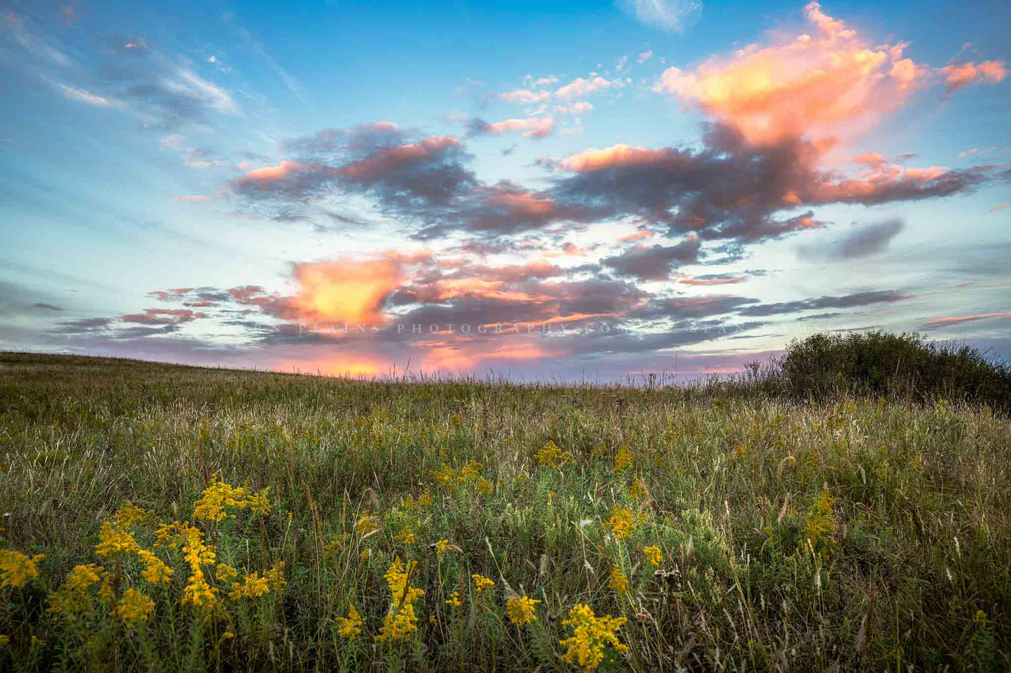 Landscape photography print of clouds illuminated by sunlight over the Tallgrass Prairie at sunset on an autumn evening in Osage County, Oklahoma by Sean Ramsey of Southern Plains Photography.