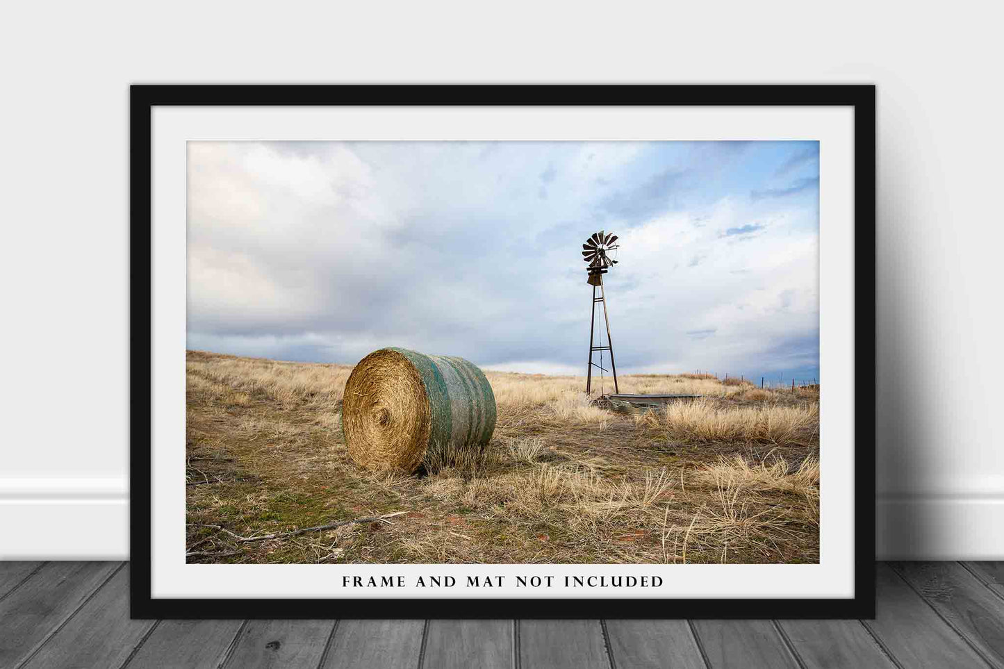 Country Photography Print - Picture of Windmill and Round Hay Bale on Oklahoma Prairie - Rustic Farmhouse Wall Art Photo Farm Artwork Decor