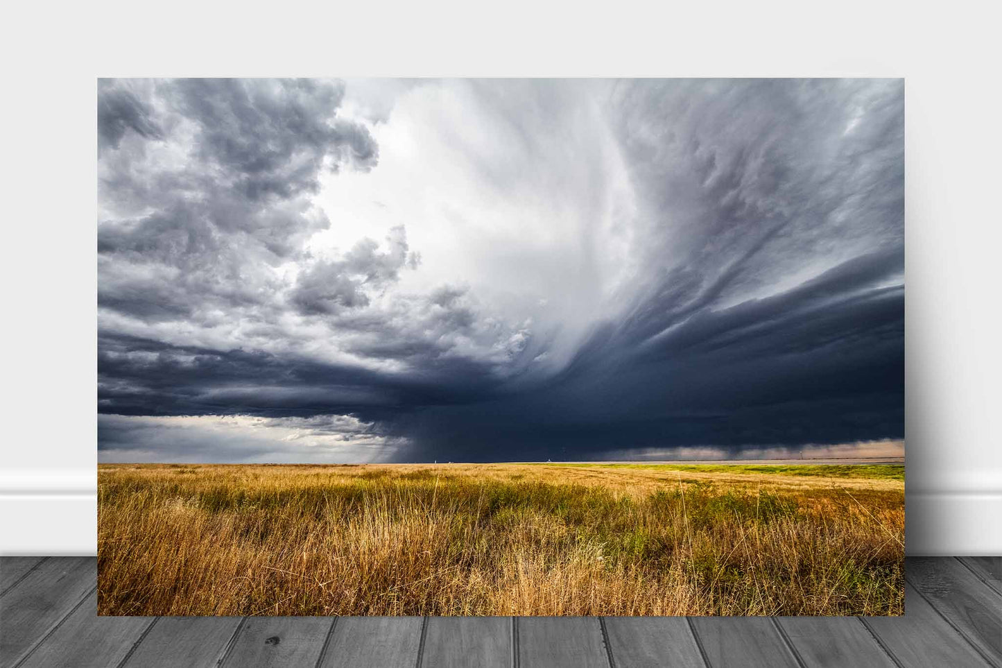 Thunderstorm aluminum metal print wall art of a dramatic stormy sky over golden prairie grass on a spring day in the Oklahoma Panhandle by Sean Ramsey of Southern Plains Photography.