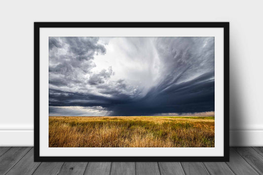 Framed thunderstorm print wall art of a dramatic stormy sky over golden prairie grass on a spring day in the Oklahoma Panhandle by Sean Ramsey of Southern Plains Photography.