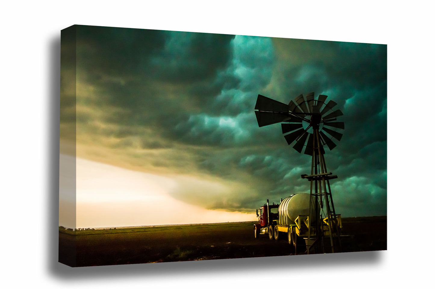 Country canvas wall art of a thunderstorm advancing over an old windmill and semi-truck on a stormy summer day in Oklahoma by Sean Ramsey of Southern Plains Photography.