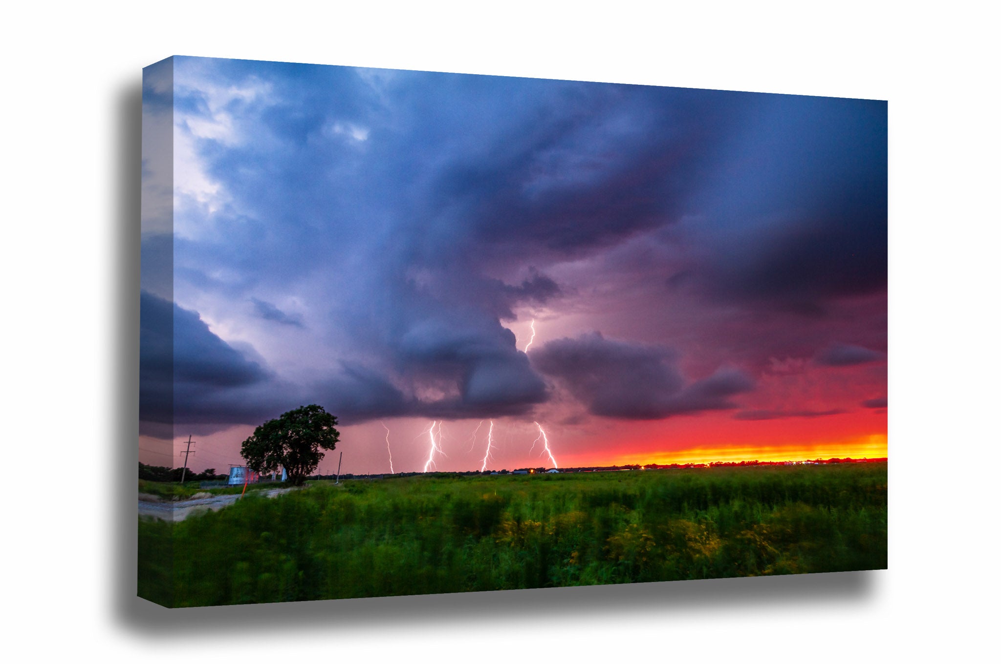 Storm canvas wall art of multiple lightning strikes from a summer thunderstorm at sunset on a stormy summer evening in Oklahoma by Sean Ramsey of Southern Plains Photography.
