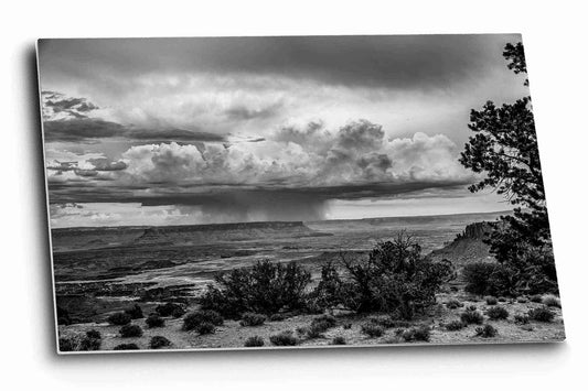 Black and white desert southwest metal print on aluminum of a monsoon thunderstorm bringing rain to Canyonlands National Park, Utah by Sean Ramsey of Southern Plains Photography.