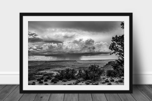 Framed and matted desert monsoon print in black and white of a storm over a vast canyon landscape in Canyonlands National Park, Utah by Sean Ramsey of Southern Plains Photography.