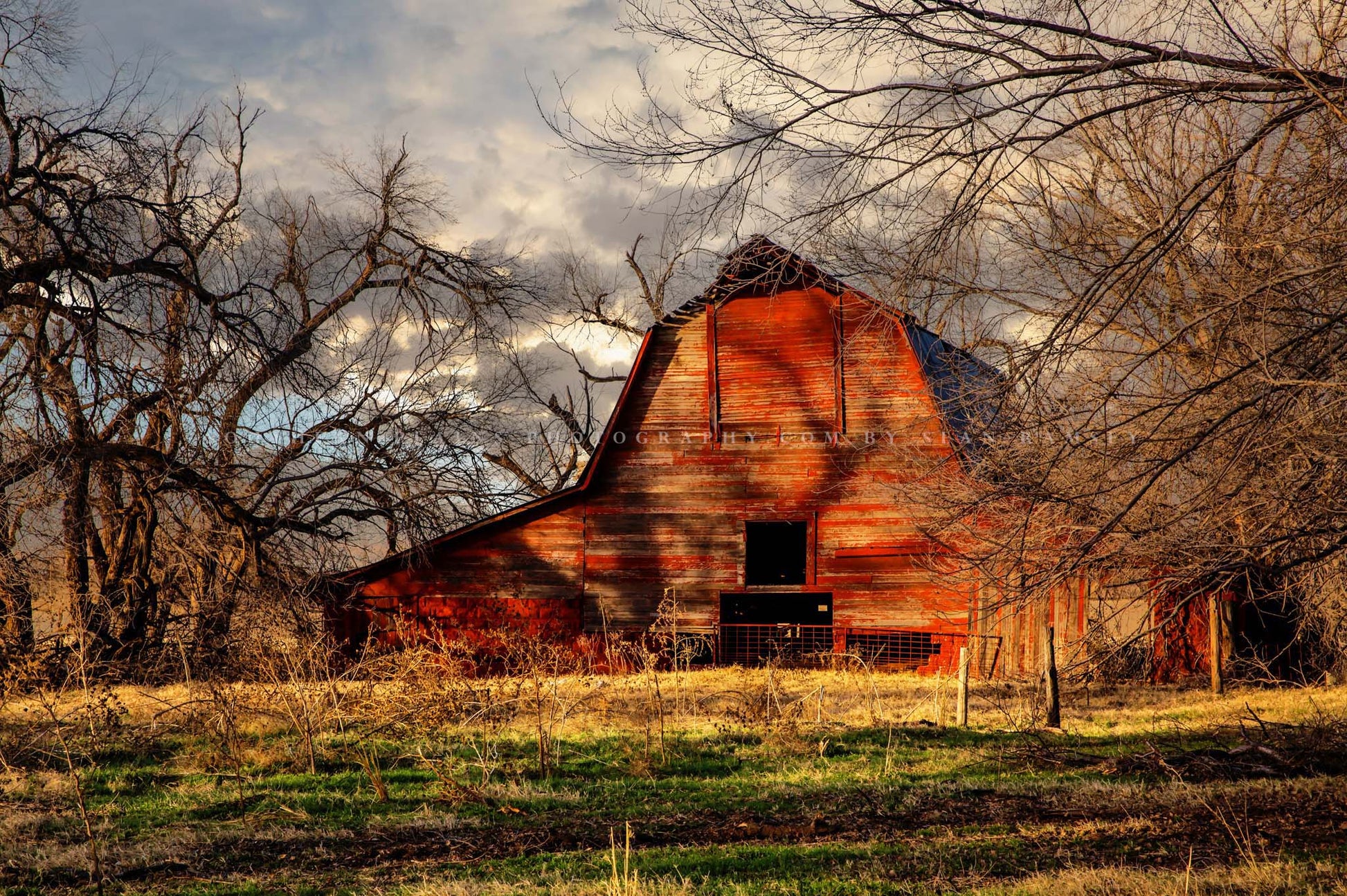 Country photography print of a rustic red barn sitting in the shadows of leafless trees on an autumn day in Oklahoma by Sean Ramsey of Southern Plains Photography.