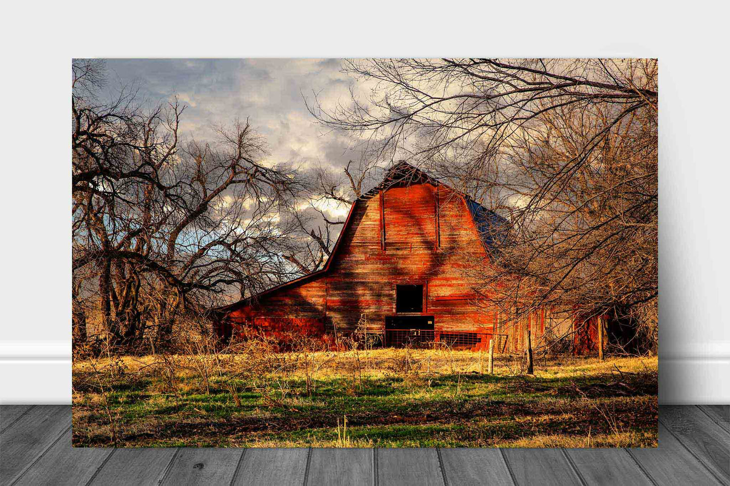 Country wall art metal print of a rustic red barn sitting in the shadows of leafless trees on an autumn evening in Oklahoma by Sean Ramsey of Southern Plains Photography.