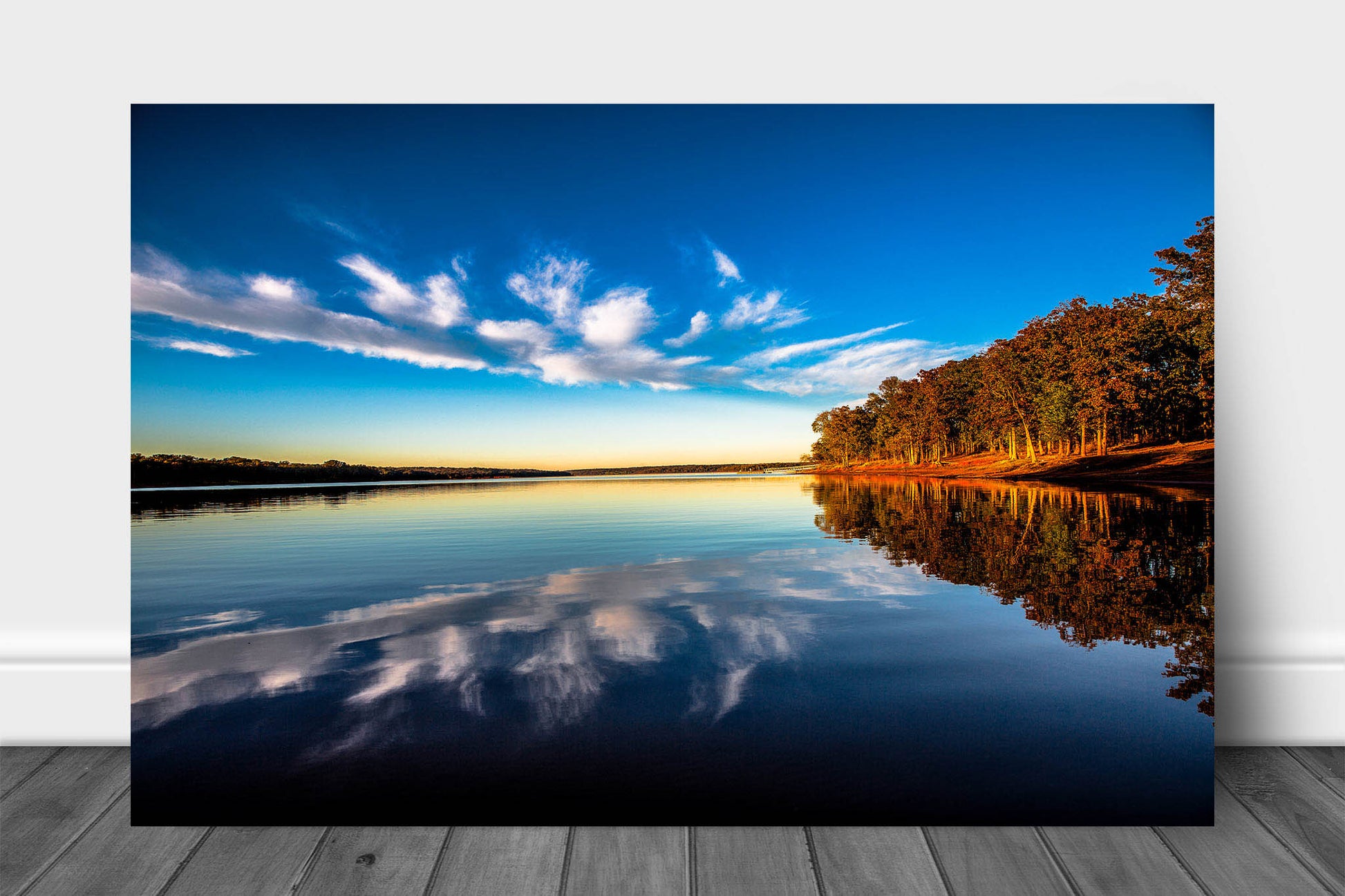 Landscape metal print wall art of clouds reflecting off the water on an autumn evening at Lake Thunderbird, Oklahoma by Sean Ramsey of Southern Plains Photography.