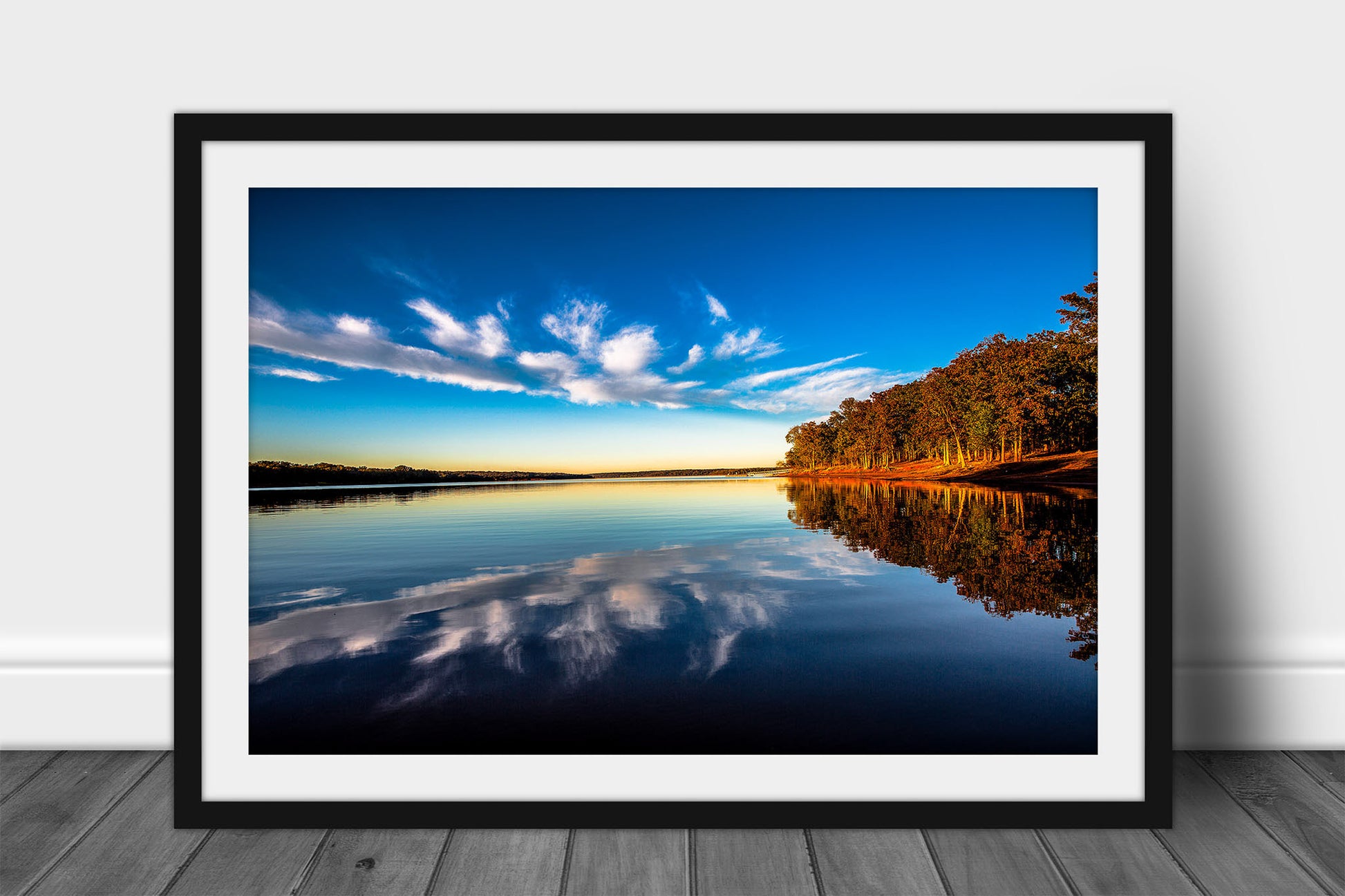 Framed and matted landscape print of clouds reflecting off the water on an autumn evening at Lake Thunderbird, Oklahoma by Sean Ramsey of Southern Plains Photography.