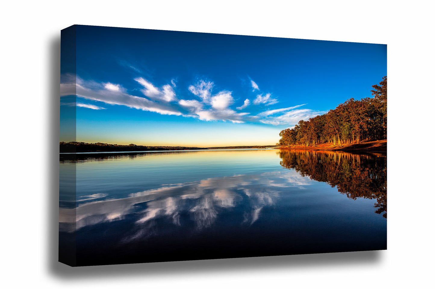 Landscape canvas wall art of clouds reflection off the water on an autumn evening at Lake Thunderbird, Oklahoma by Sean Ramsey of Southern Plains Photography.