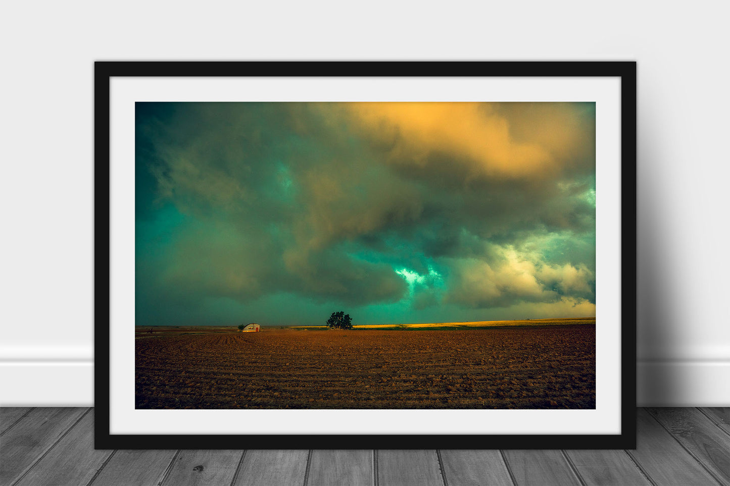 Framed and matted nostalgic farm print of a thunderstorm over a dusty field on a stormy spring evening in Oklahoma by Sean Ramsey of Southern Plains Photography.