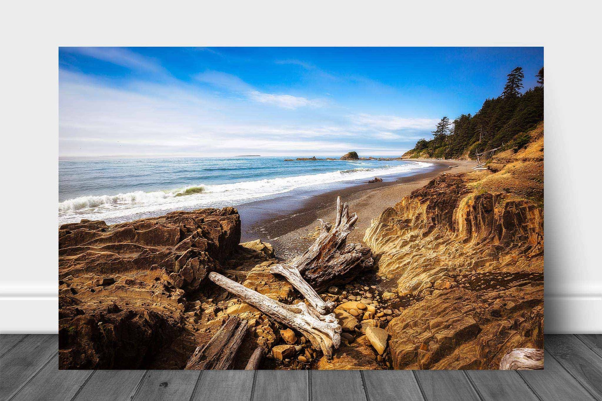 Pacific Northwest coastal aluminum metal print wall art of driftwood logs resting on the shore along a beach in Washington state by Sean Ramsey of Southern Plains Photography.