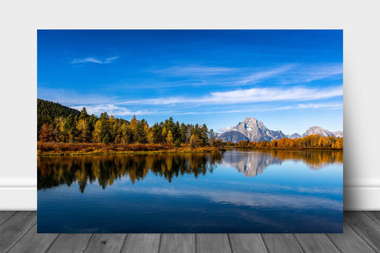 Rocky Mountain metal print wall art on aluminum of Mount Moran reflecting off the waters of the Snake River at Oxbow Bend on an autumn morning in Grand Teton National Park, Wyoming by Sean Ramsey of Southern Plains Photography.