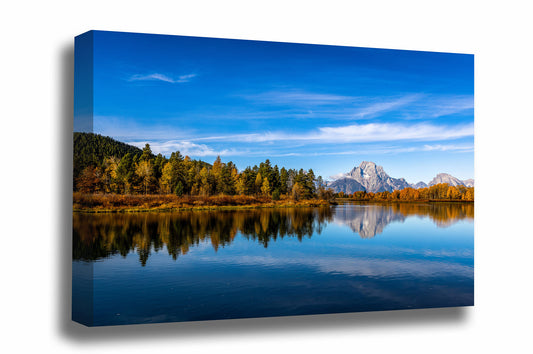 Rocky Mountain canvas wall art of Mount Moran reflecting off the waters of the Snake River at Oxbow Bend on an autumn morning in Grand Teton National Park, Wyoming by Sean Ramsey of Southern Plains Photography.