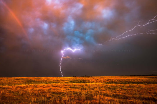 Storm photography print of a lightning strike and rainbow over open prairie on a stormy spring evening in Oklahoma by Sean Ramsey of Southern Plains Photography.