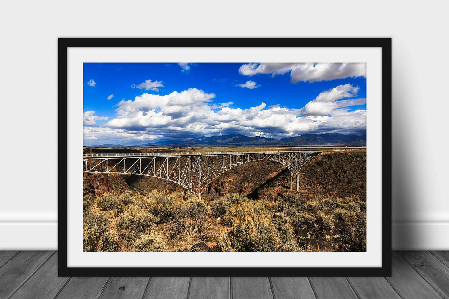 Framed and matted southwest print of the Rio Grande Gorge Bridge near Taos, New Mexico by Sean Ramsey of Southern Plains Photography.